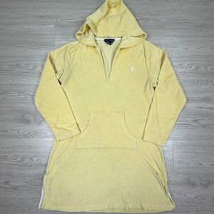 Ralph Lauren Womens Hoodie Dress Yellow Med Terry Cloth V-Neck Beach Cover Up